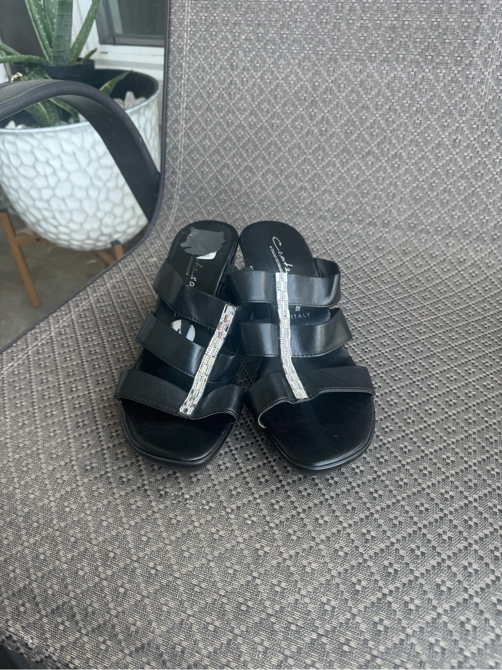 Black Rhinestone T-Strap Slide Sandals - Women's
